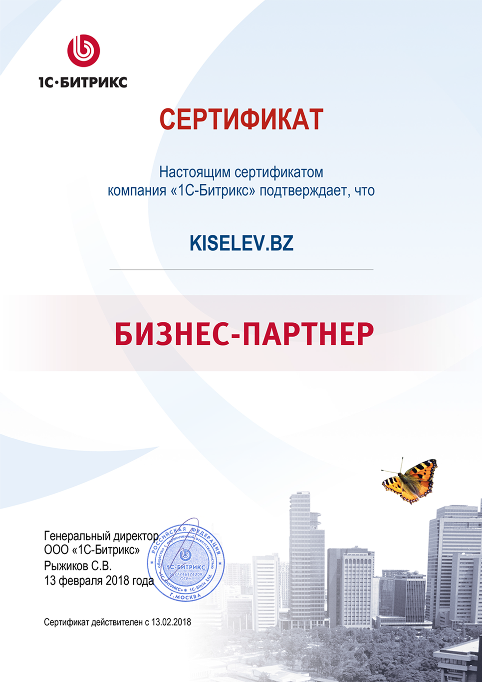 Сертификат партнёра по СРМ системам в Воткинске